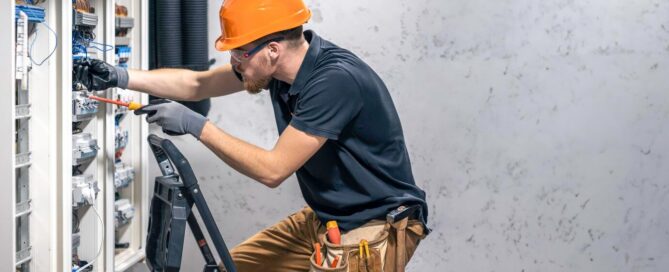 Prescott Valley electrician from Assurance Electrical installing breakers in a commercial electrical panel