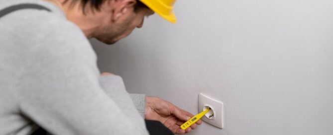 looking for "electrician near me" Local Prescott Valley electrician testing a wall outlet with a voltage tester during a home service call