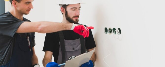 Two Prescott Valley electricians reviewing a checklist during a main service panel inspection