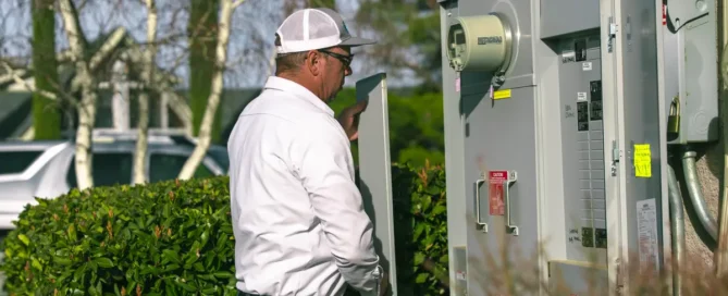 An electrician inspects the outdoor service panel, showing how electrical panels work in Arizona
